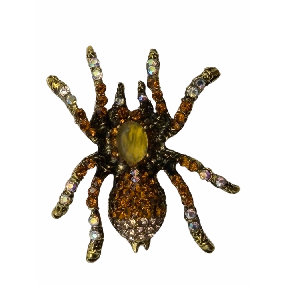 Vintage Style Spider Brooch Amber Rhinestone Gold Tone Halloween Insect Pin